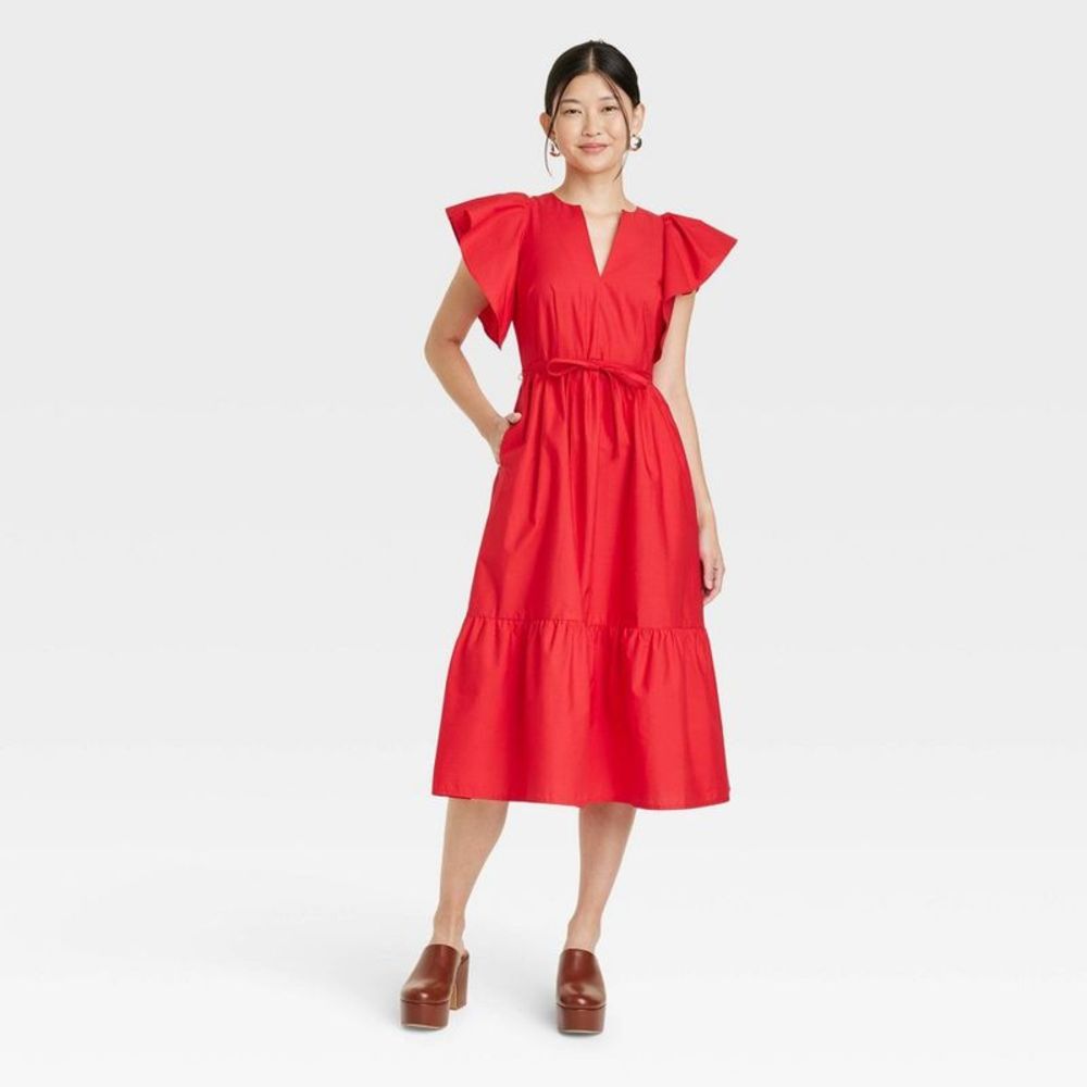 Women's Flutter Short Sleeve Midi Dress - A New Day Red M